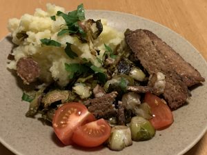 vegan mashed potatoes with brussels sprouts and tempeh bacon