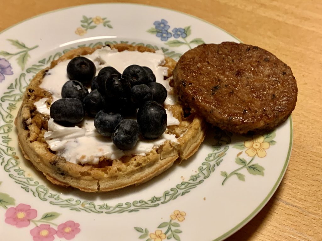 vegan Nature's Path breakfast waffle with gardein vegan sausage